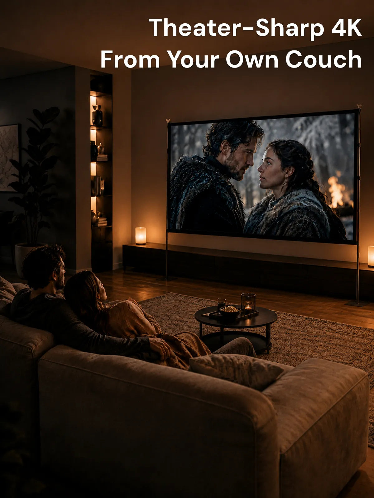 Couple relaxing indoors watching a 4K movie on an STWUI projector screen at night