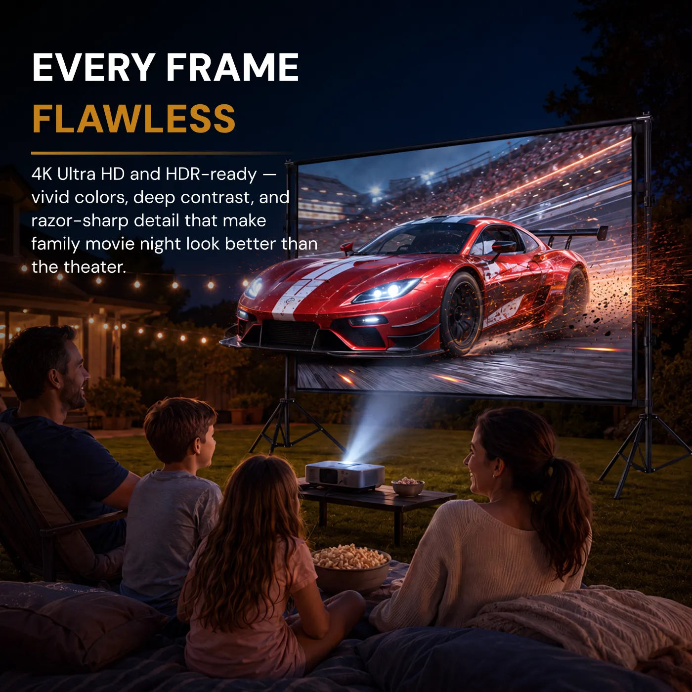 STWUI projector screen displaying a scarlet macaw in the rainforest, showing 1080p/4K UHD clarity, 1.1 gain, and 170° view angle