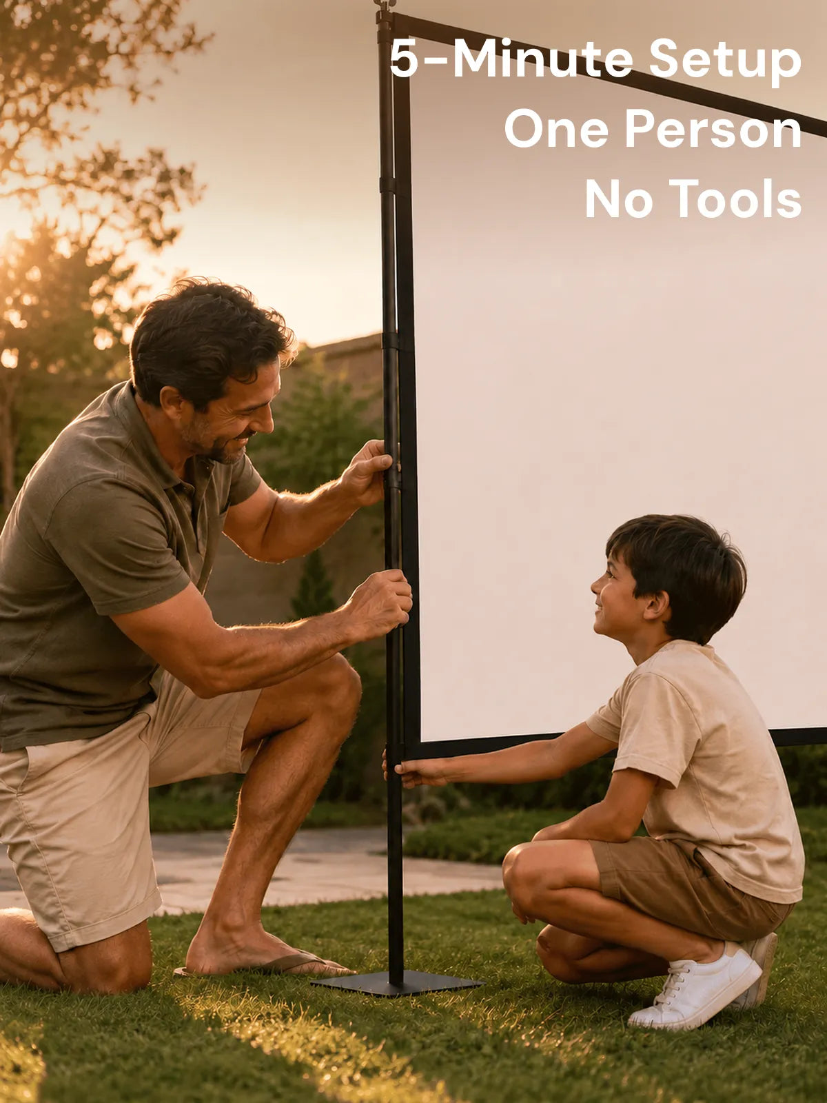 Father and son setting up the STWUI projector screen stand in the backyard in minutes