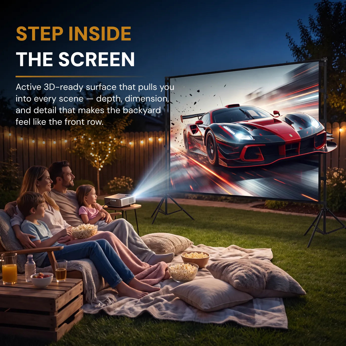 STWUI projector screen displaying a scarlet macaw in the rainforest, showing 1080p/4K UHD clarity, 1.1 gain, and 170° view angle