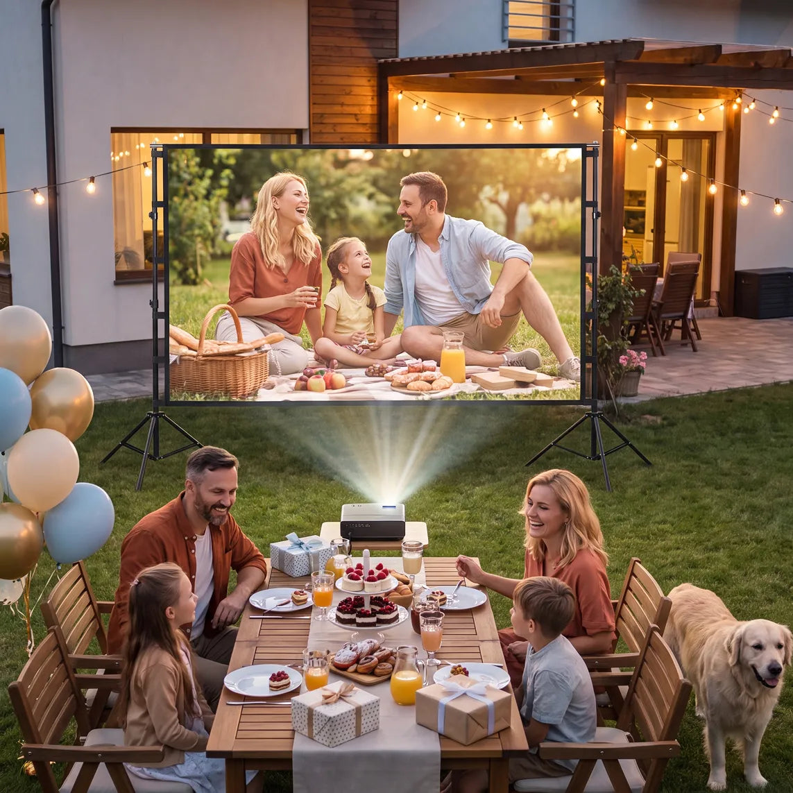 STWUI projector screen at an outdoor birthday celebration with family, balloons, gifts, and a dog by the table