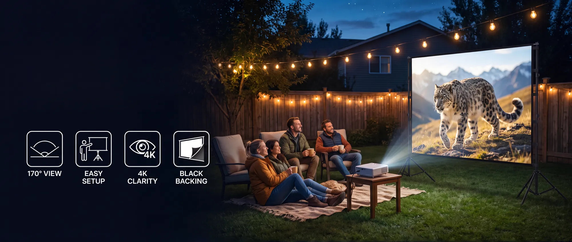 STWUI outdoor projector screen with 170° view, easy setup, 4K clarity, and black backing shown in a backyard movie night