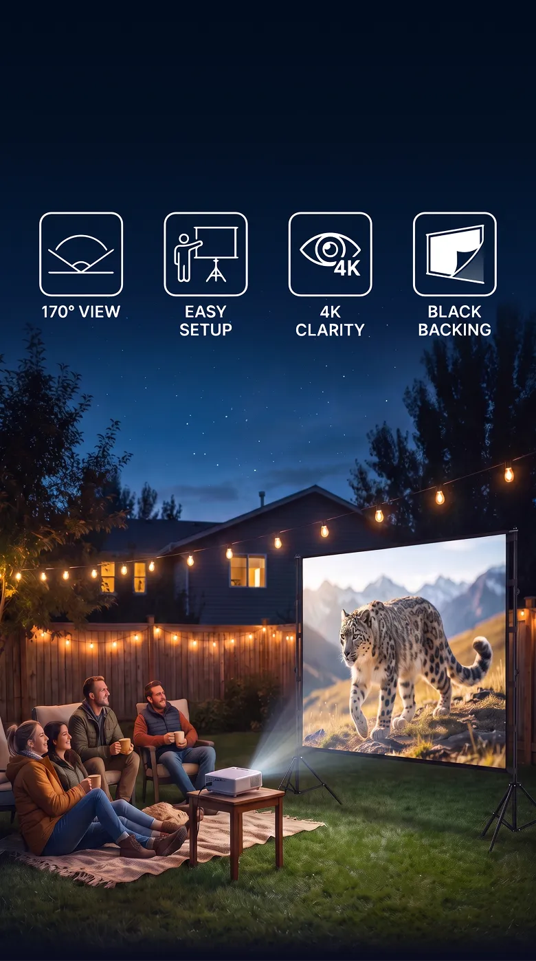 STWUI outdoor projector screen with 170° view, easy setup, 4K clarity, and black backing shown in a backyard movie night