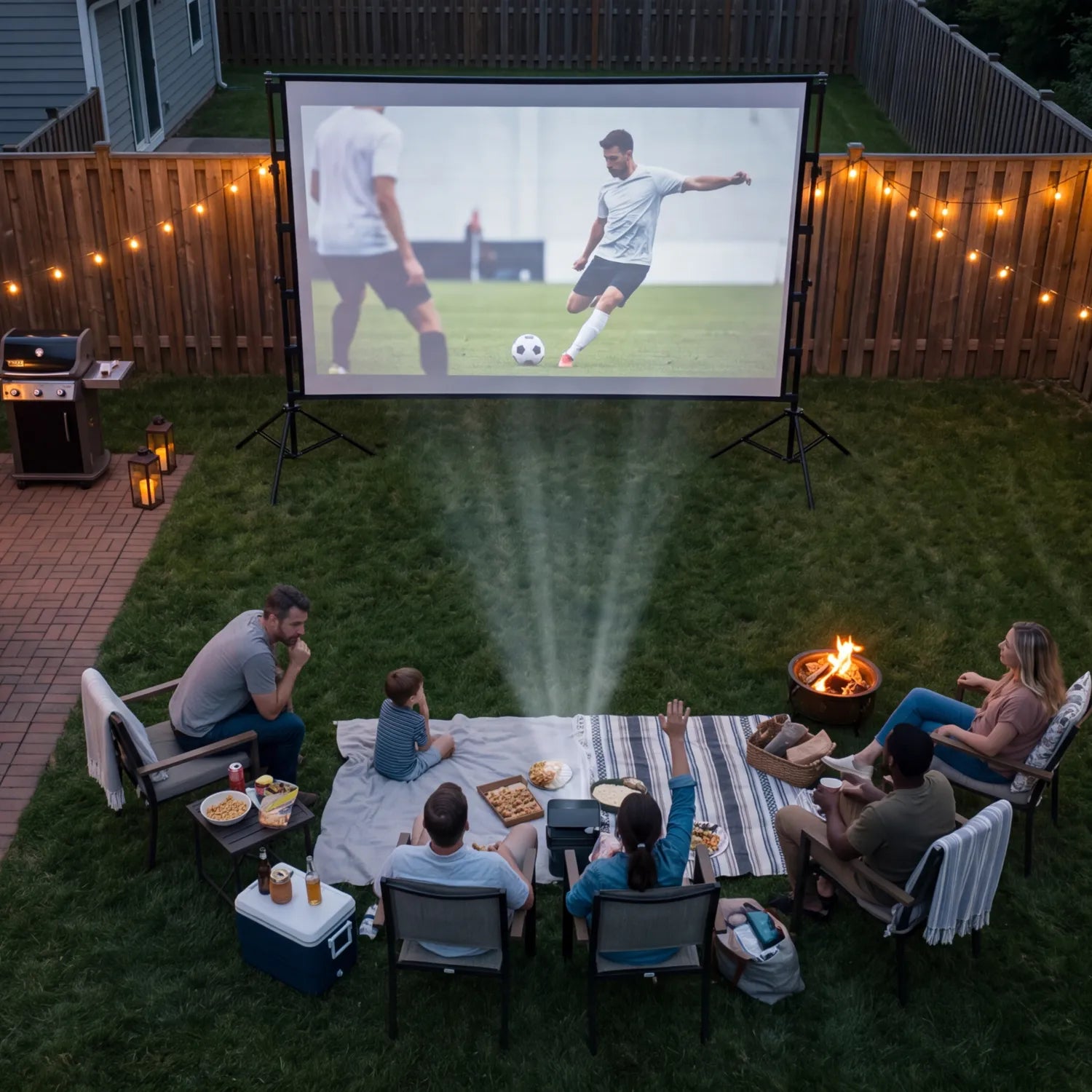 STWUI projector screen backyard sports watch party with friends and family gathered around a fire pit and grill