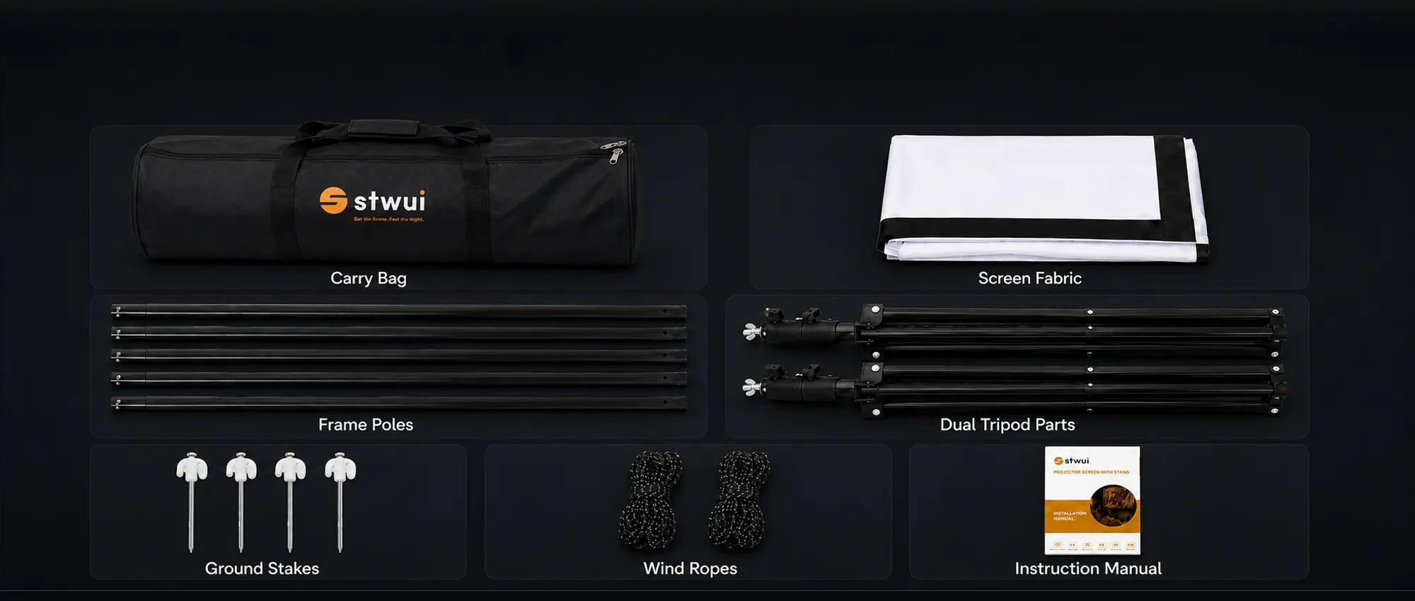 What's included with the STWUI projector screen: carry bag, frame poles, dual tripods, screen fabric, ground stakes, wind ropes, and manual