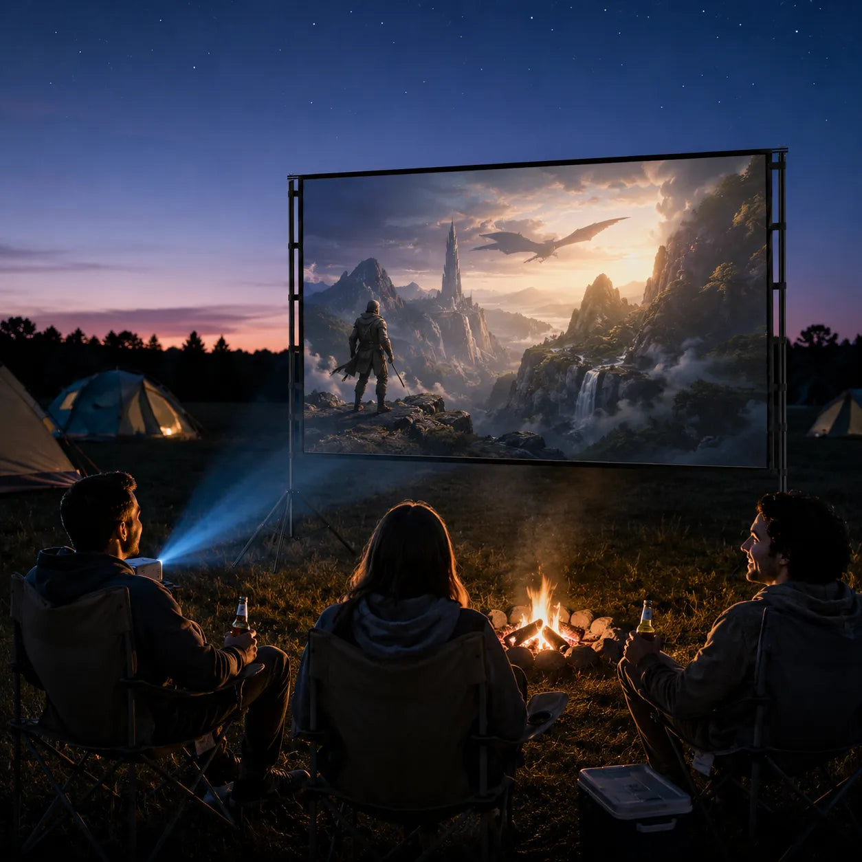 Friends watching a fantasy film on a portable projector screen by a campfire at a starry campsite