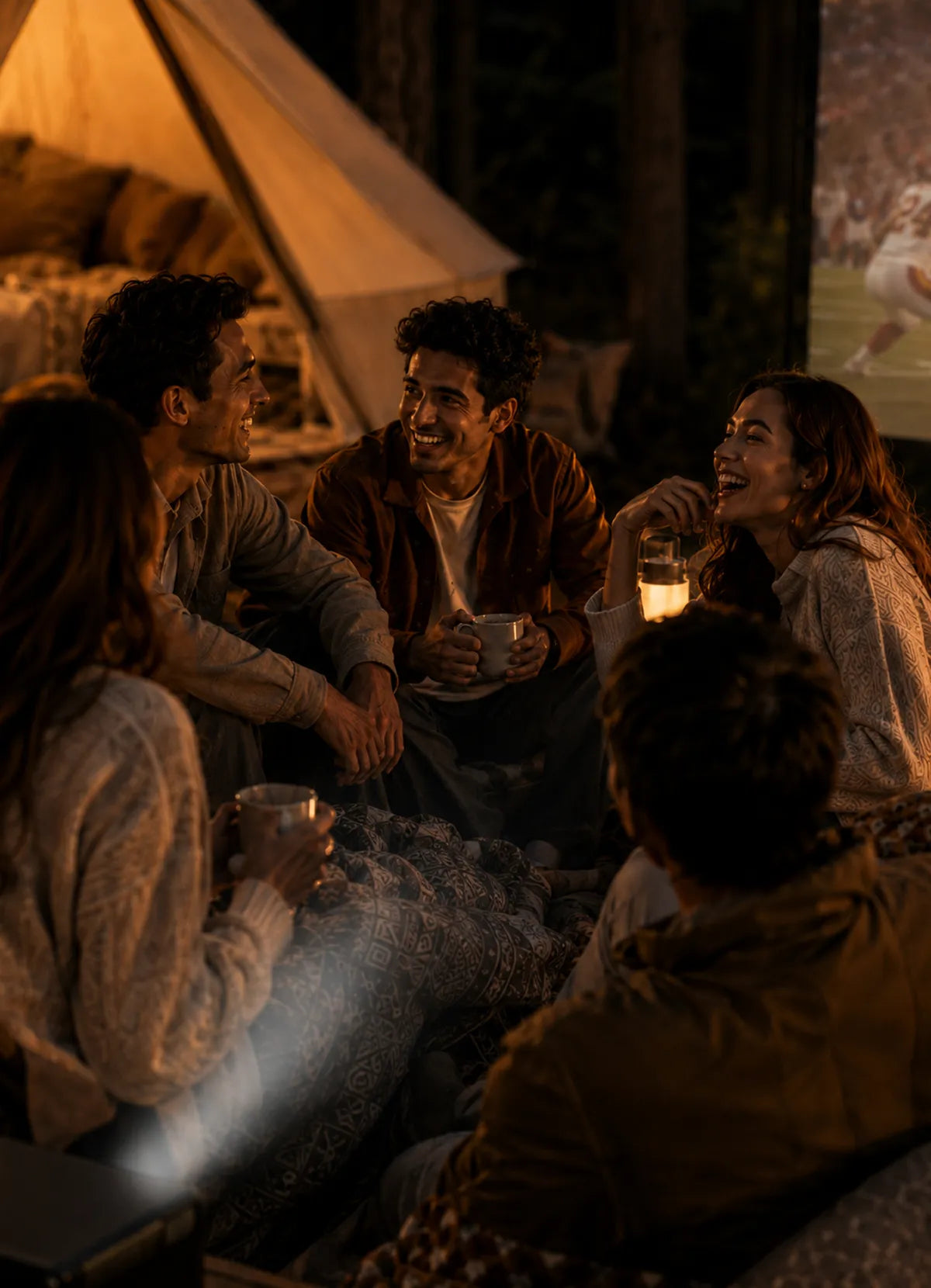 Friends toasting drinks in front of an STWUI projector screen during a night camping trip