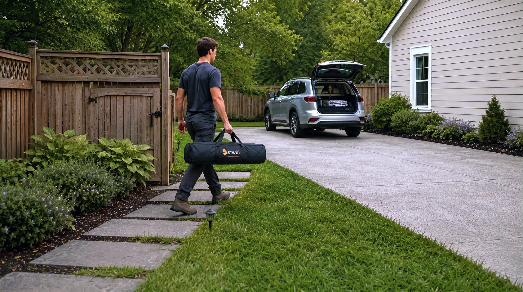 Man carrying a STWUI projector screen bag toward an SUV parked in a suburban driveway