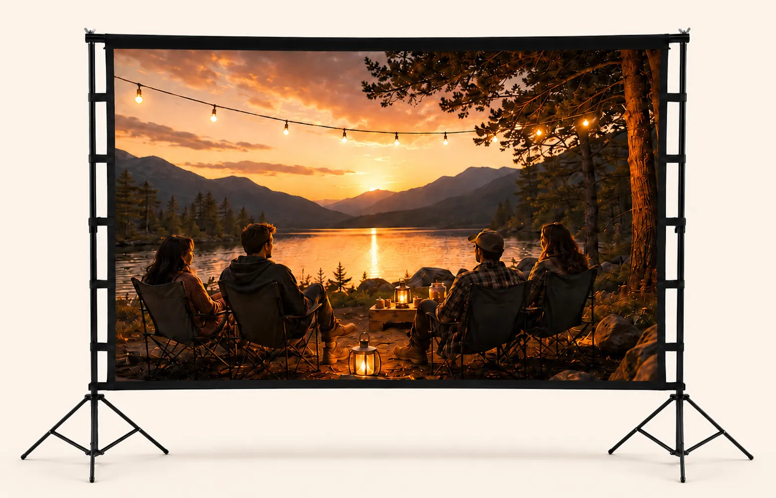 Against a solid-color background, the STWUI projector screen depicts a scene of a group of friends camping.