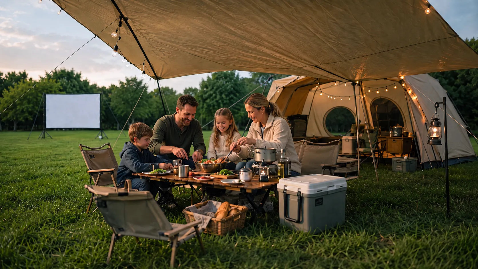 Family enjoying a campsite dinner under a canopy with an outdoor projector screen set up on the grass in the background