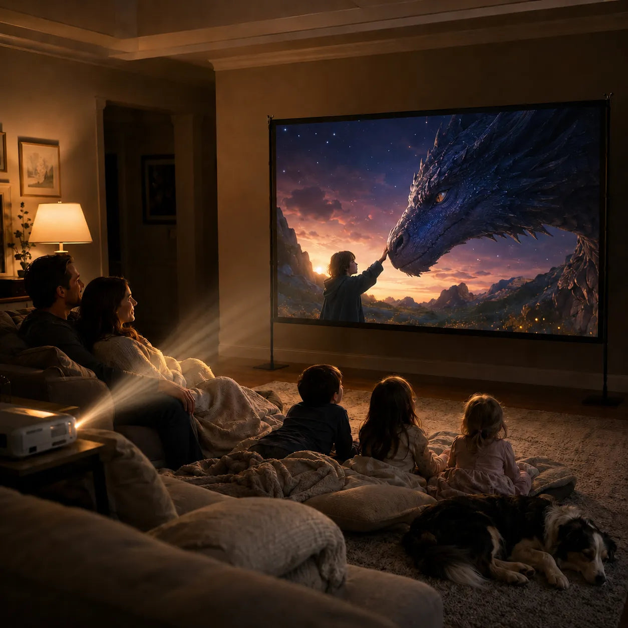 Family with kids and a dog watching a fantasy movie indoors on a projector screen in the living room