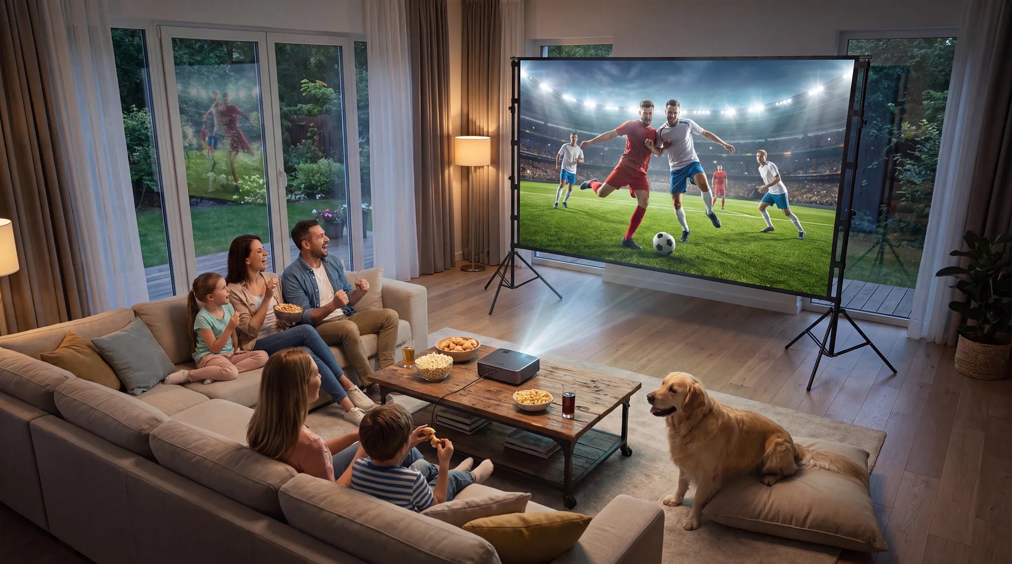 STWUI projector screen used indoors in a living room for a family watching a soccer game with popcorn and their dog