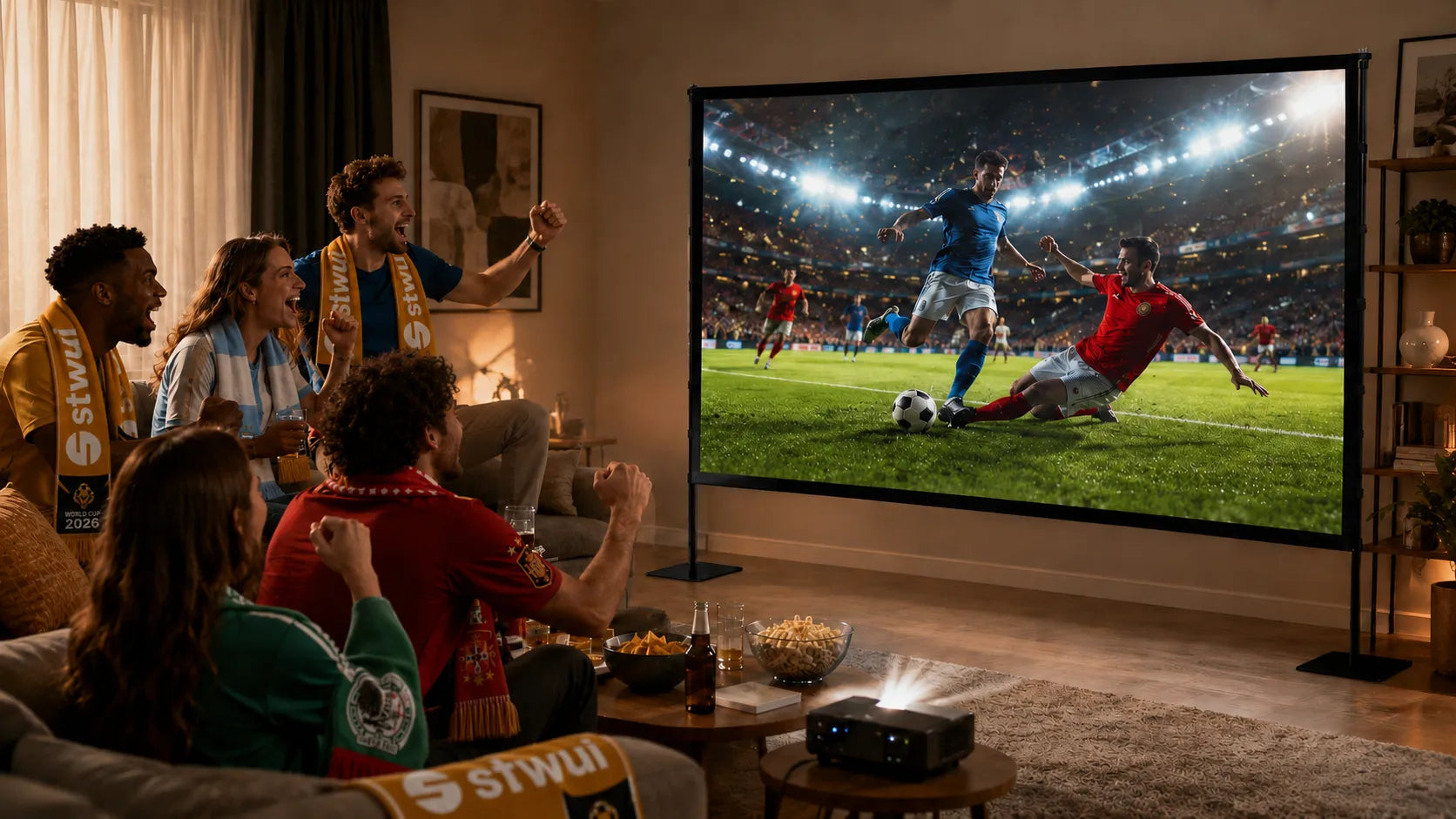 Friends cheering together indoors watching a soccer match on a large STWUI projector screen