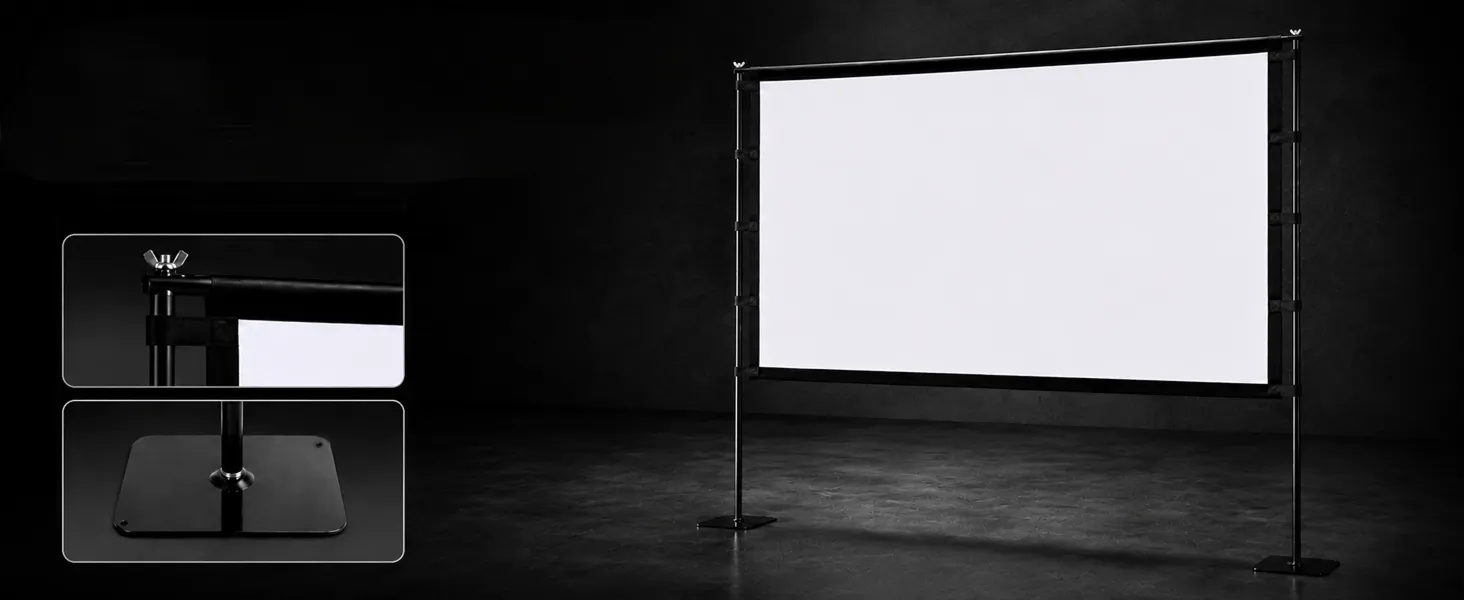 STWUI 120-inch projector screen with full iron support frame displayed in a dark studio environment showing structural detail
