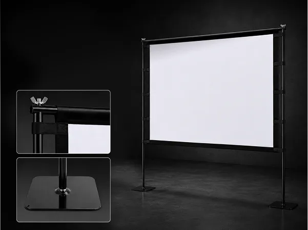 STWUI projector screen iron support frame studio shot with close-up details of the pole joint connector and weighted base plate