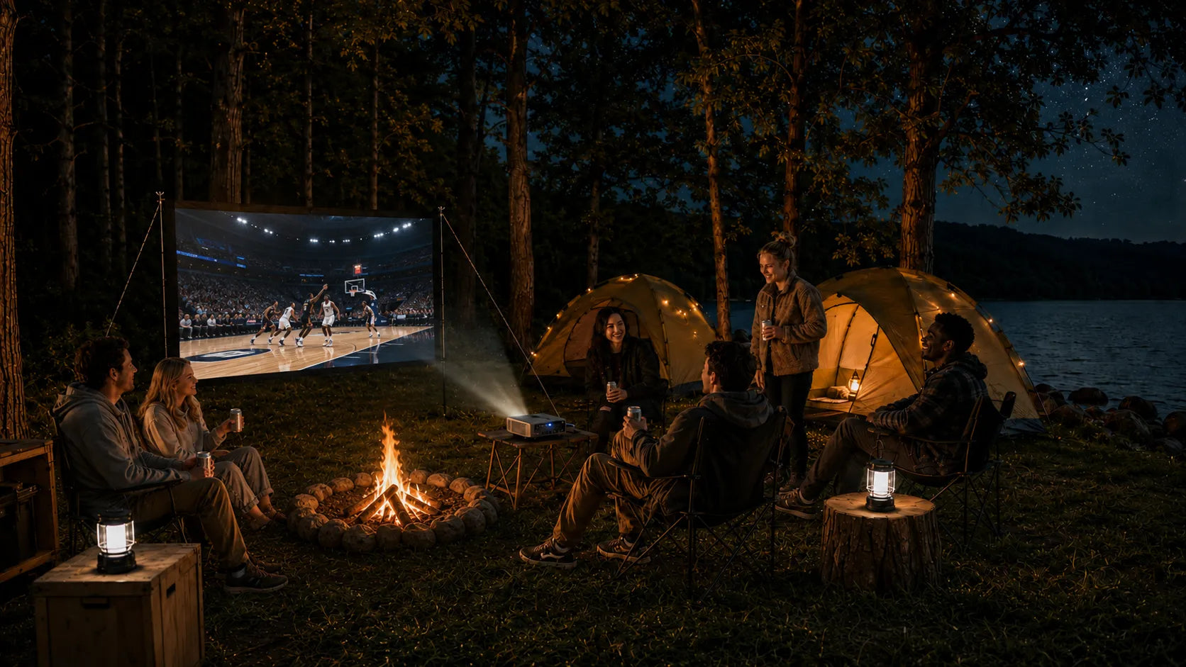 Friends gathered around a campfire watching a basketball game on a portable projector screen at a lakeside campsite