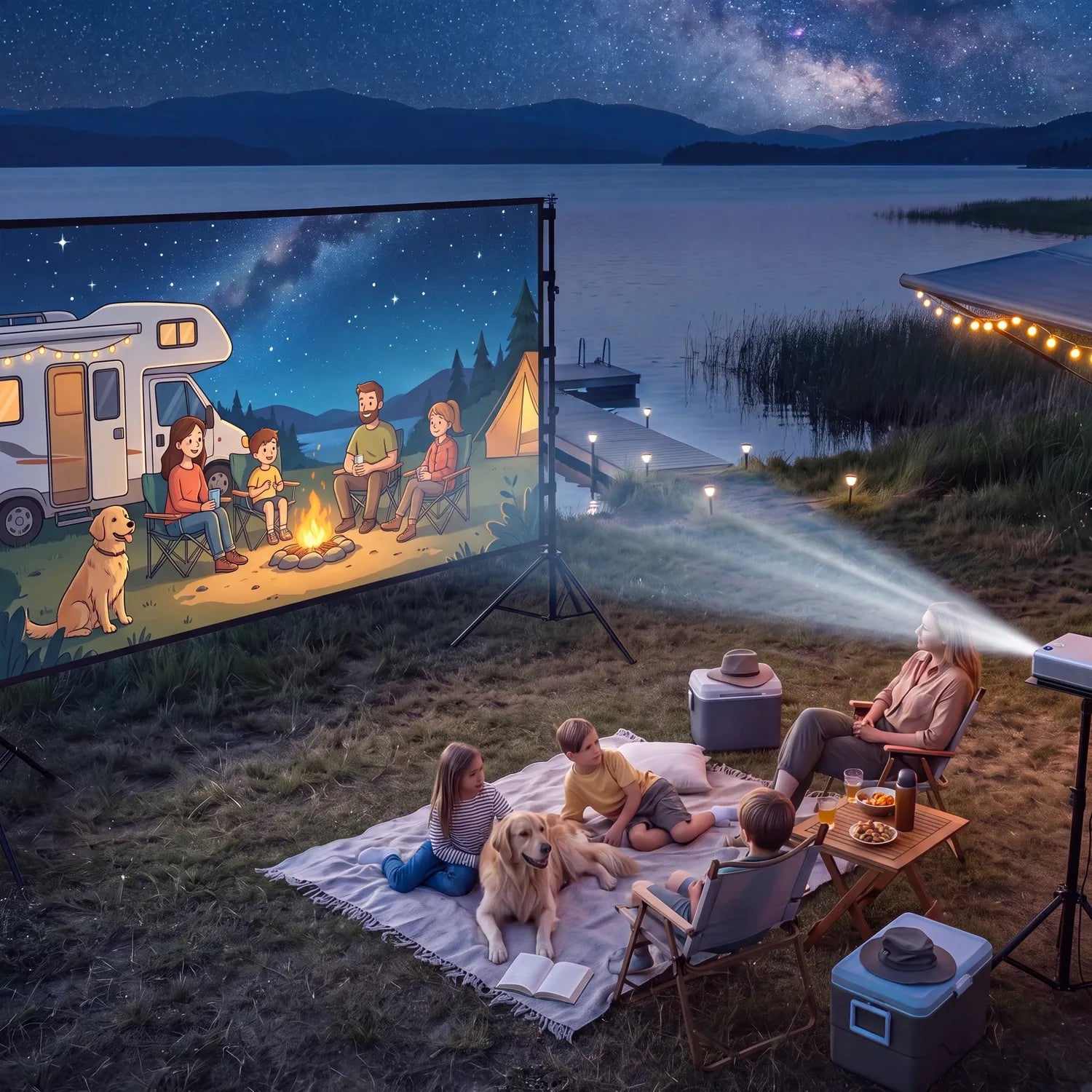 STWUI projector screen set up lakeside under a starry night sky, with family and dog gathered on a picnic blanket