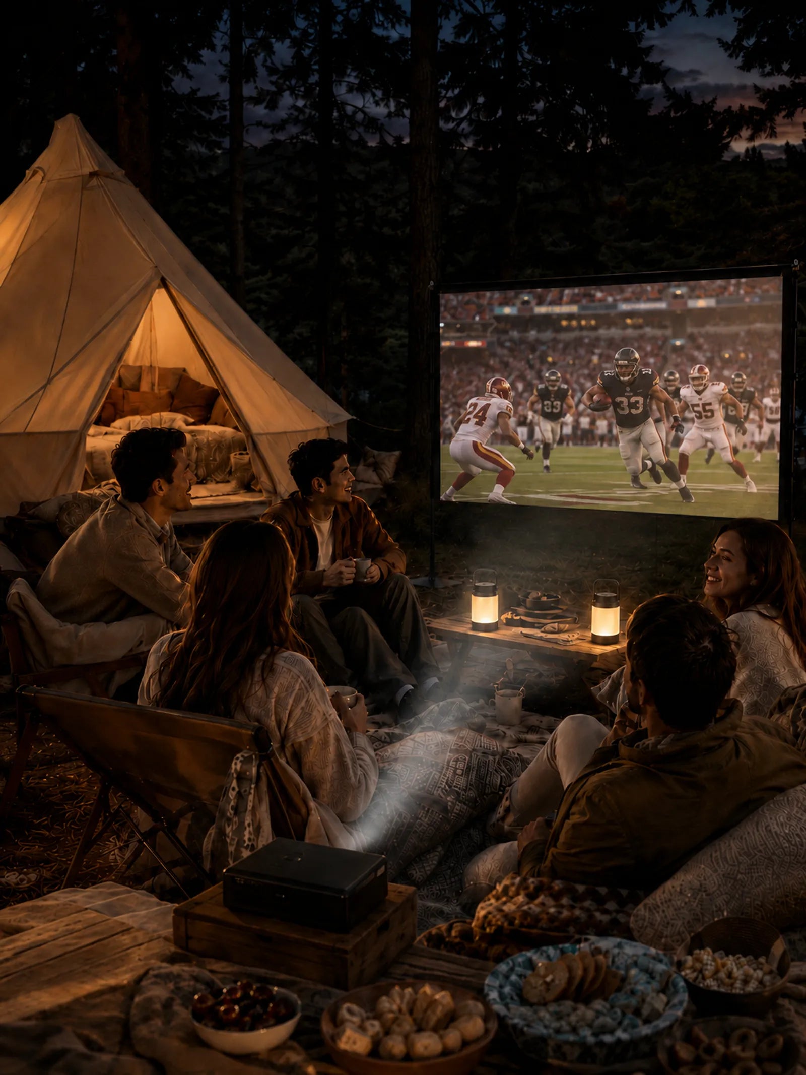 Friends gathered at a luxury campsite watching a movie on STWUI's outdoor projector screen