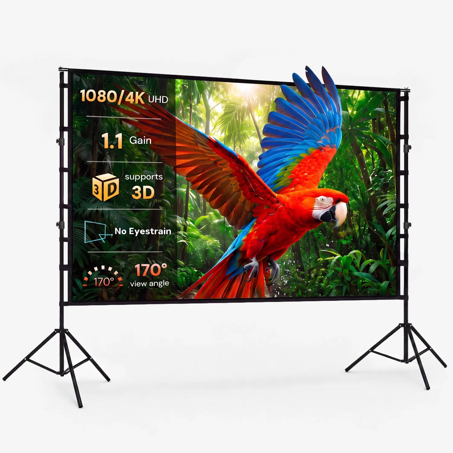 STWUI projector screen displaying a scarlet macaw in the rainforest, showing 1080p/4K UHD clarity, 1.1 gain, and 170° view angle