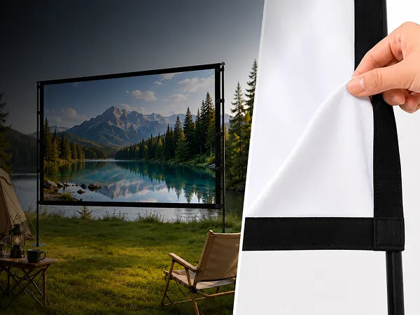 Close-up of STWUI's premium milk silk screen material attached to the frame beside an outdoor camping projector setup