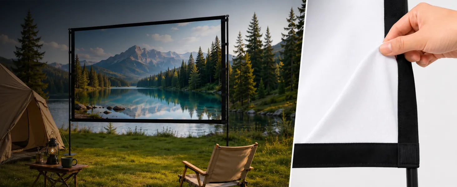 STWUI projector screen milk silk fabric close-up showing wrinkle-resistant material beside a campsite outdoor setup