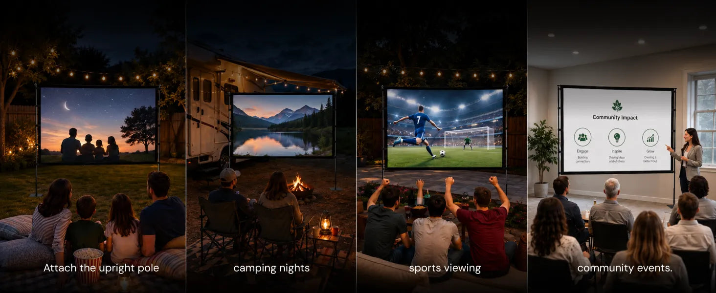 STWUI projector screen shown across four use cases: backyard movie night, RV camping, sports watch party, and community event presentation
