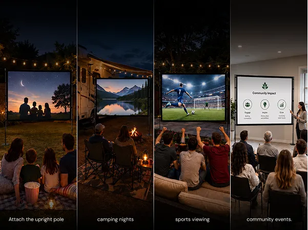 Four-panel scene comparison of STWUI projector screen uses including camping nights, sports viewing, and indoor community events