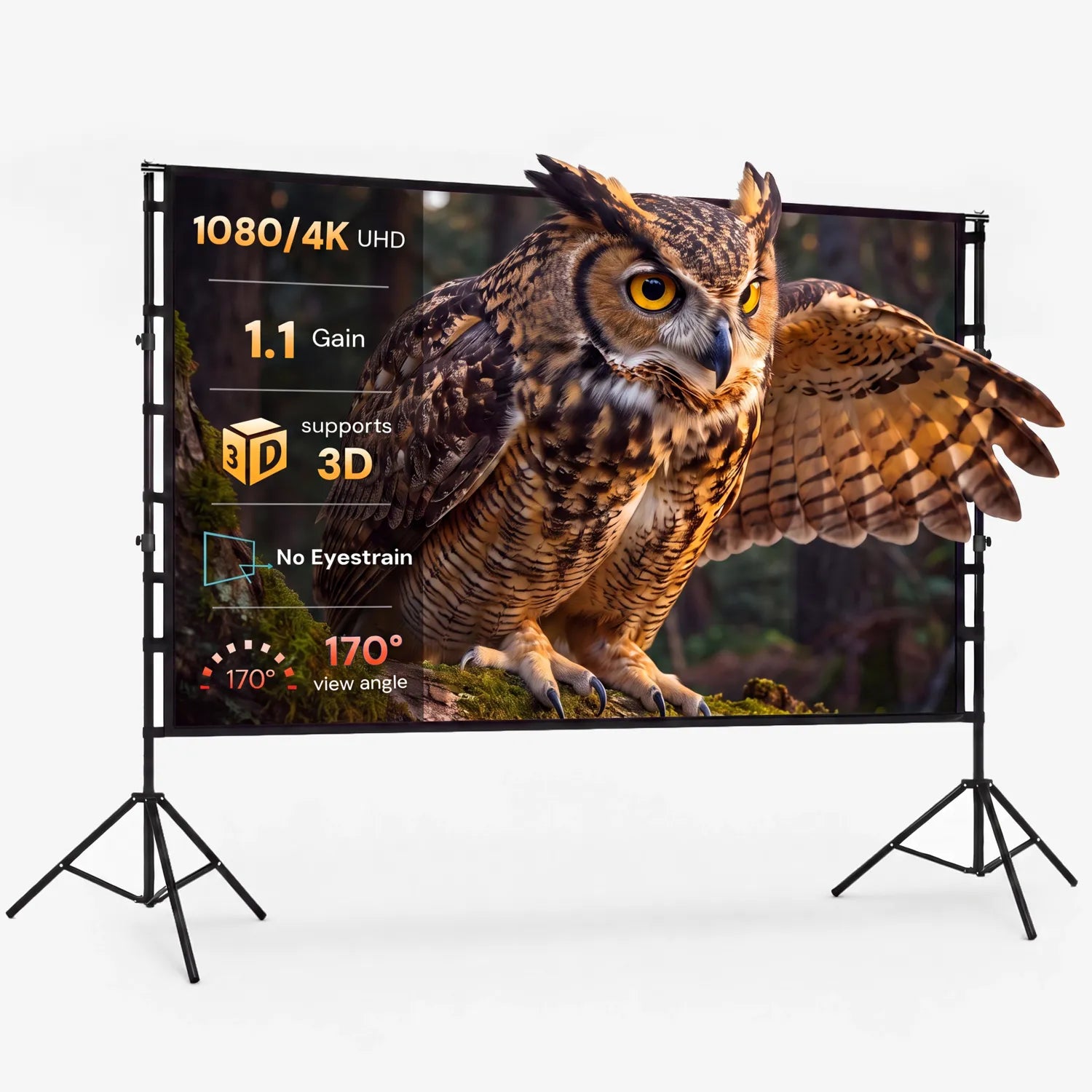 STWUI projector screen displaying a scarlet macaw in the rainforest, showing 1080p/4K UHD clarity, 1.1 gain, and 170° view angle
