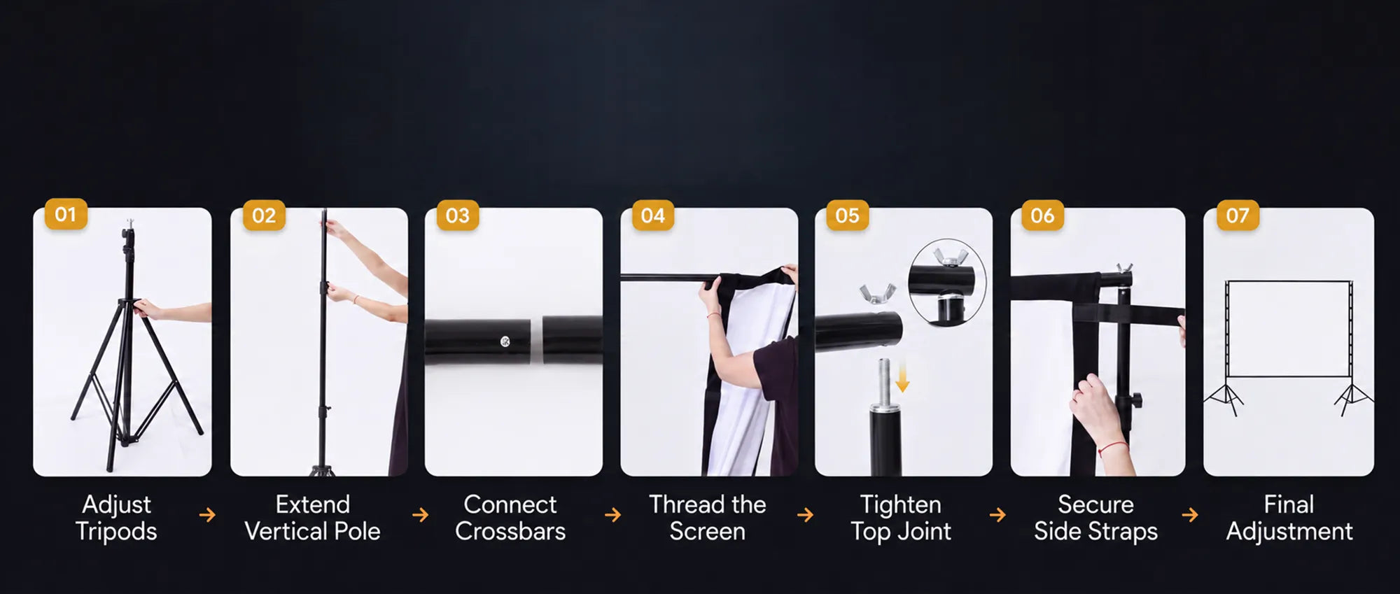 STWUI projector screen 7-step setup guide from adjusting tripods to final adjustment