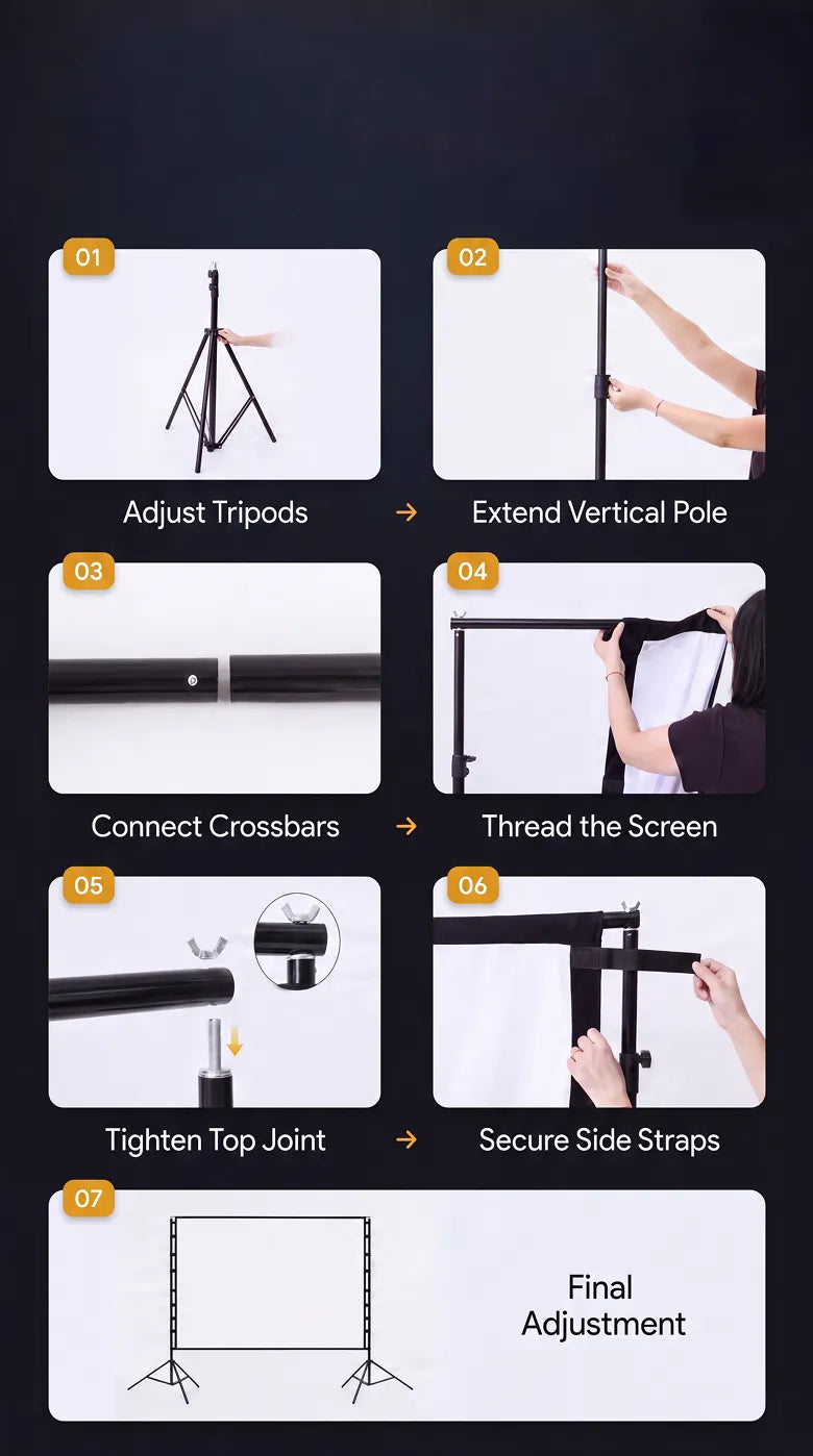 STWUI projector screen 7-step setup guide from adjusting tripods to final adjustment