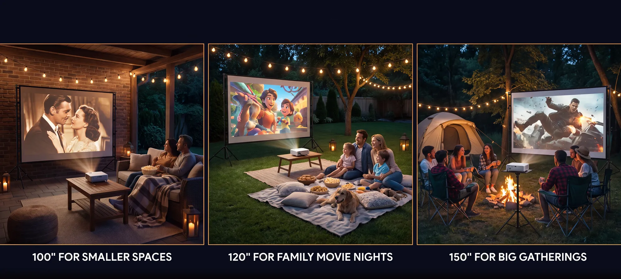 STWUI projector screen size guide — 100" for smaller spaces, 120" for family movie nights, 150" for big gatherings