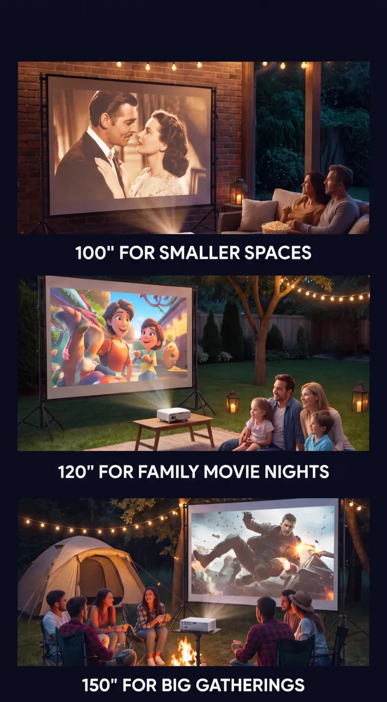 STWUI projector screen size guide — 100" for smaller spaces, 120" for family movie nights, 150" for big gatherings