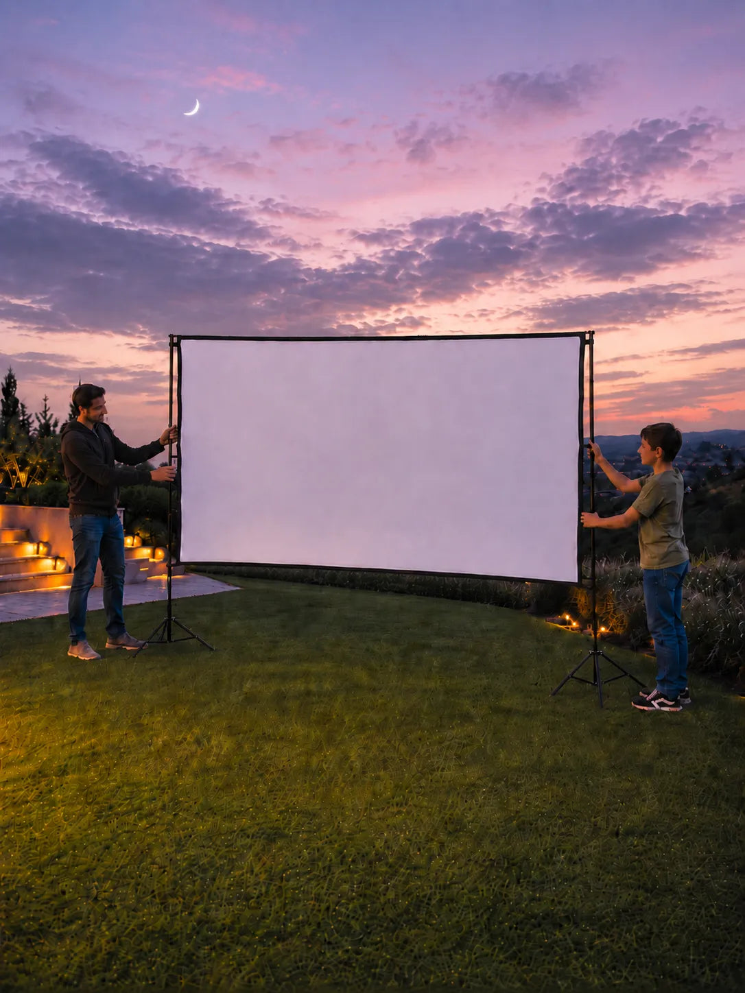 Two people setting up a large outdoor projector screen on a lawn against a colorful sunset sky