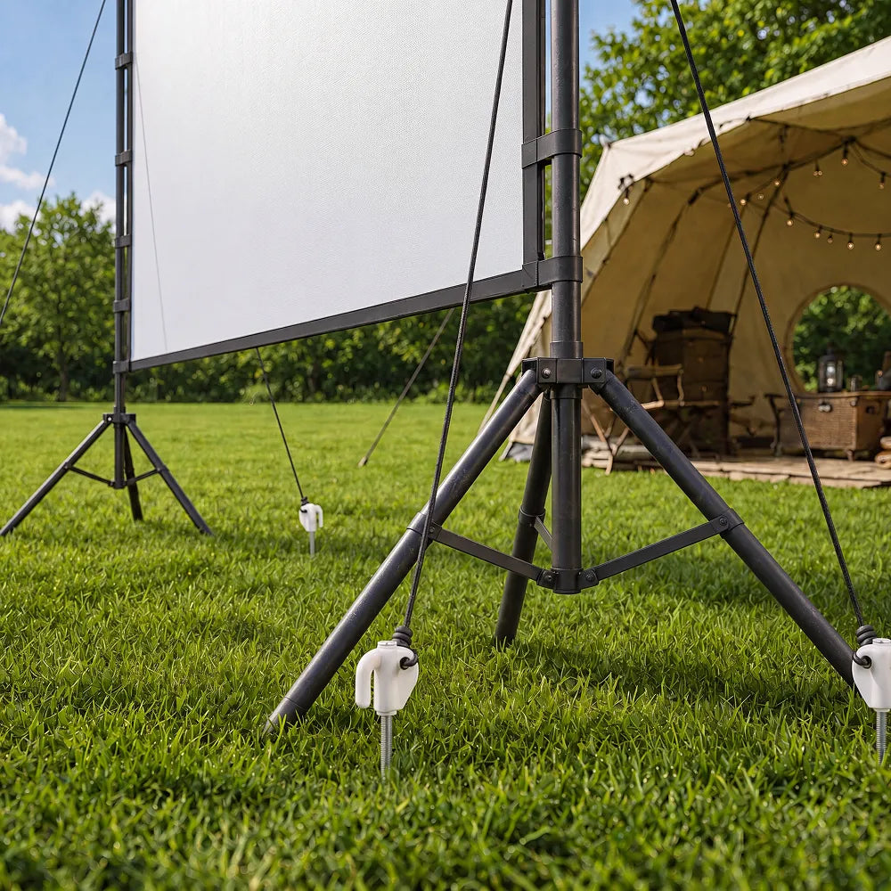 Close-up of STWUI projector screen tripod stand with ground stakes and wind ropes anchored into grass at a campsite