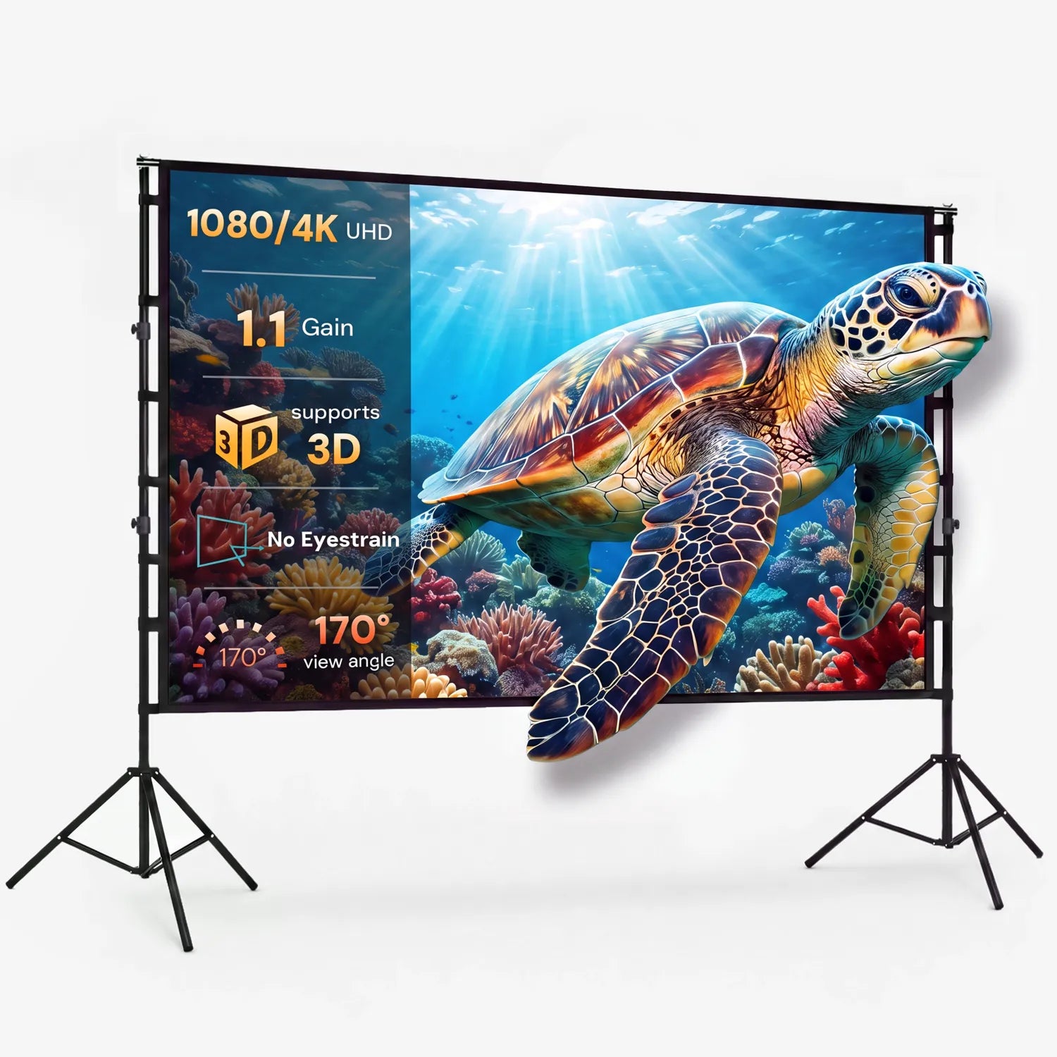STWUI projector screen displaying a scarlet macaw in the rainforest, showing 1080p/4K UHD clarity, 1.1 gain, and 170° view angle