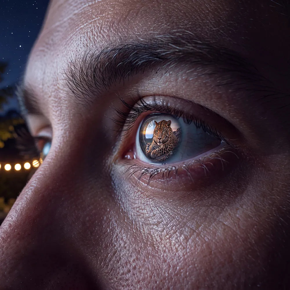 Close-up of a viewer's eye reflecting a vivid leopard image from an outdoor projector screen, highlighting sharp 4K picture quality