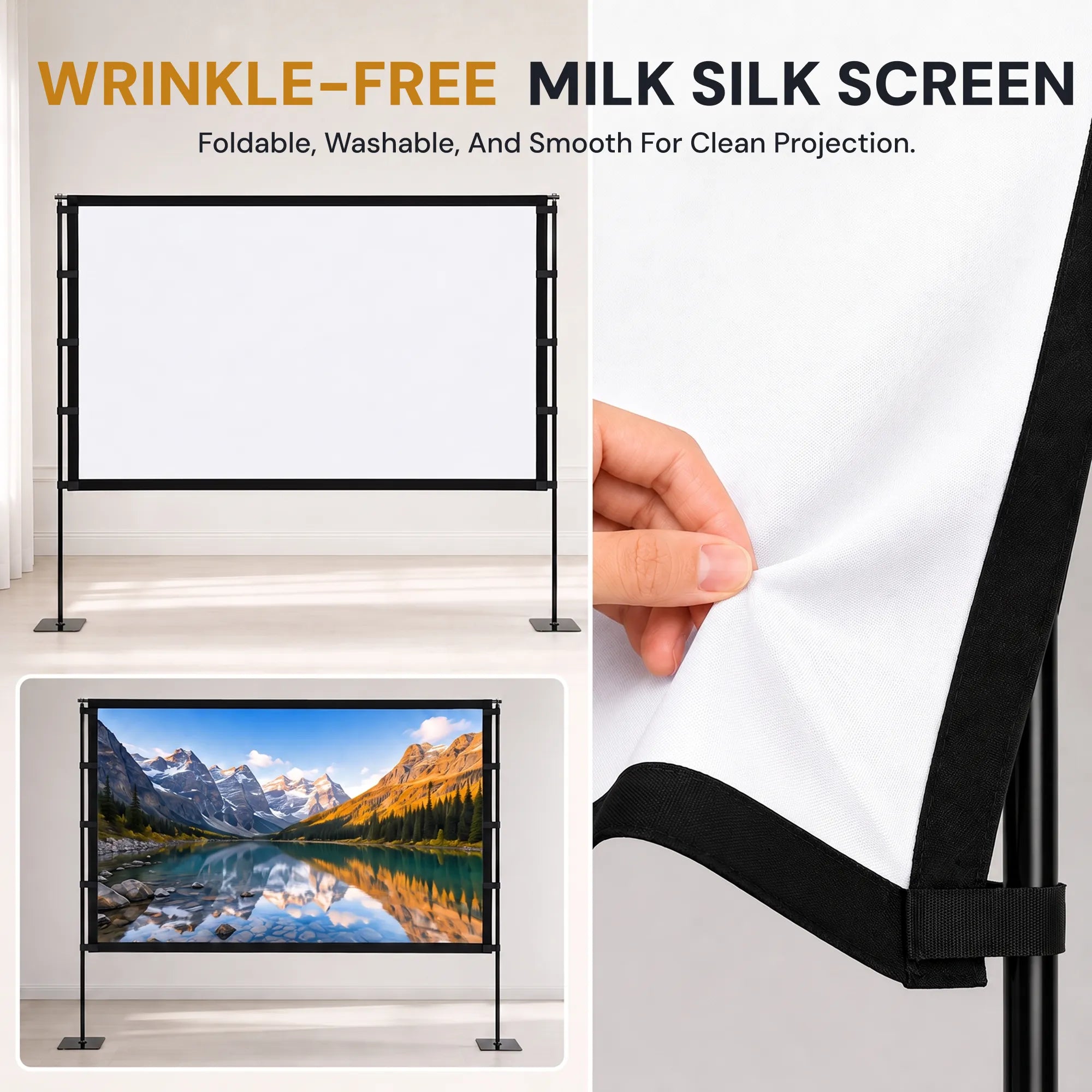 STWUI projector screen displaying a motorcycle racing scene, showing 1080p/4K UHD clarity, 1.1 gain, and 160° view angle