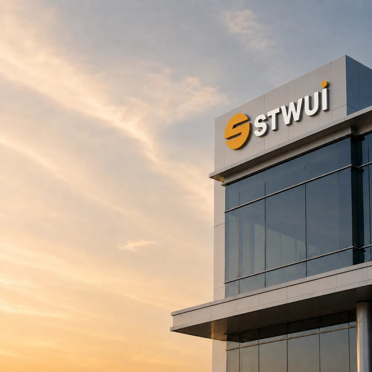 STWUI headquarters building with brand signage against a warm golden sky at dawn