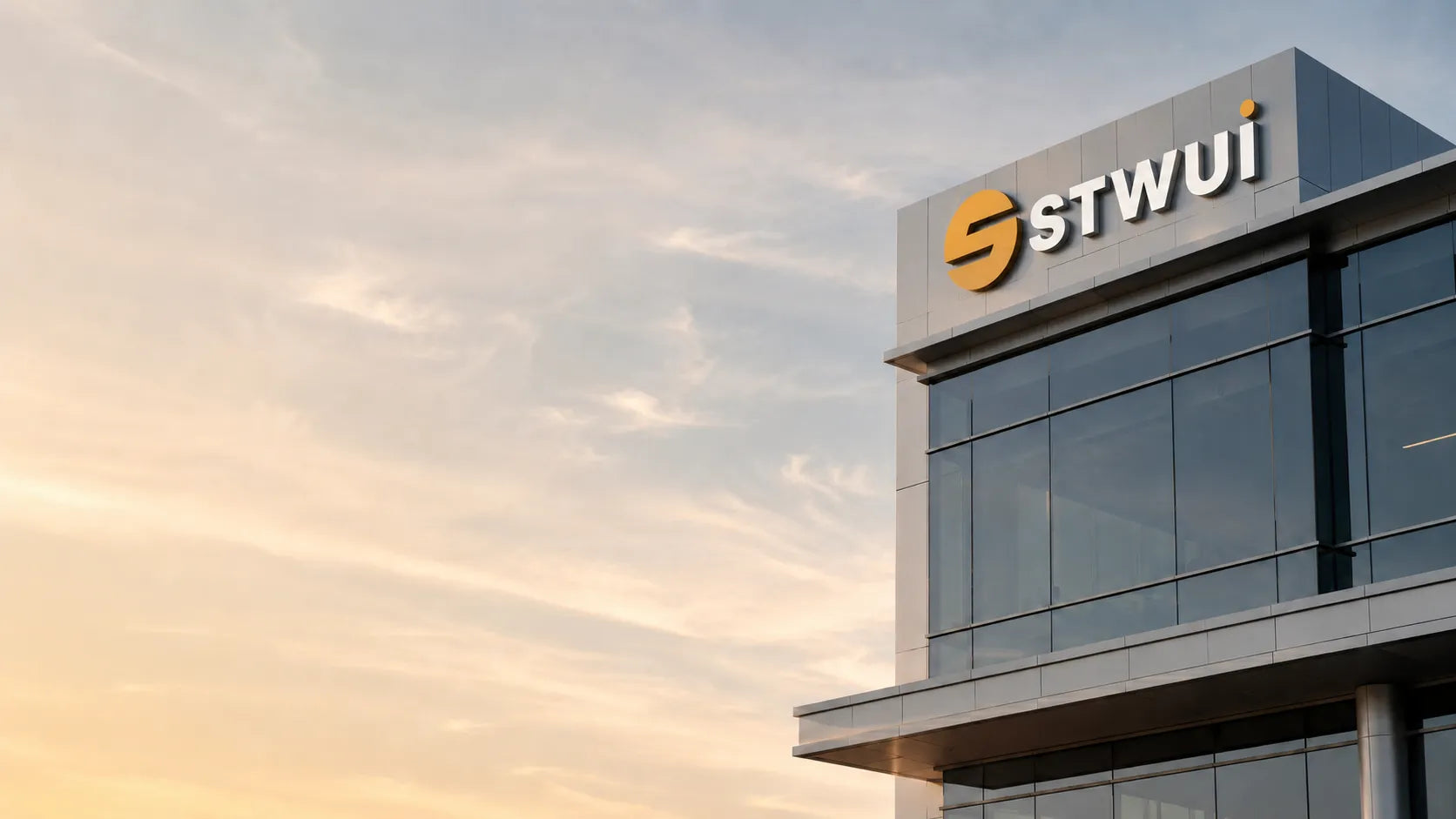 STWUI brand logo displayed on a modern glass office building exterior at sunrise